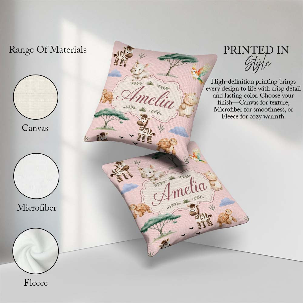 Custom Name Safari Animals Zebra Rhino Turtle Soft Pink Seamless Square Filled Cushion Throw Pillow Sofa Bed Home Decor Zip Washable UK Made