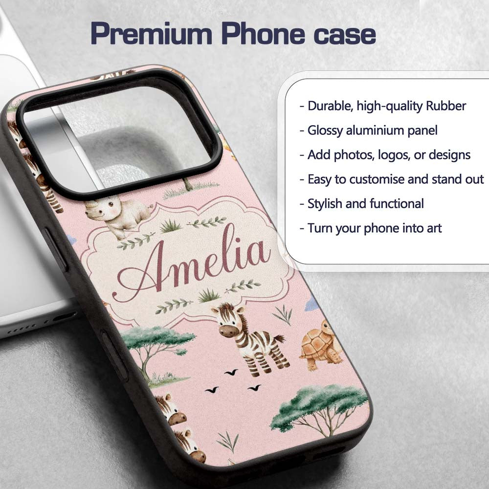 Cute Safari Animals Zebra Rhino Turtle Soft Pink Custom Name Protective Phone Case Mobile Cover Durable Everyday Smartphone Shock Resistant