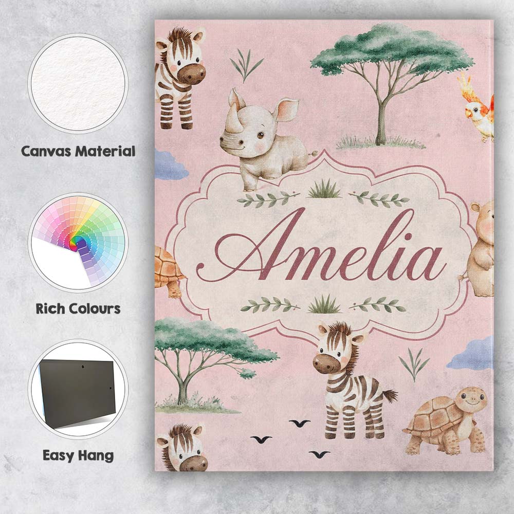Personalised Name Cute Safari Animals Zebra Custom  Bespoke Interior Contemporary Canvas Wall Art Print Decor Picture Ready to Hang