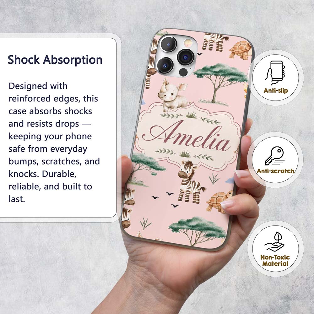 Cute Safari Animals Zebra Rhino Turtle Soft Pink Custom Name Protective Phone Case Mobile Cover Durable Everyday Smartphone Shock Resistant