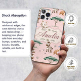 Cute Safari Animals Zebra Rhino Turtle Soft Pink Custom Name Protective Phone Case Mobile Cover Durable Everyday Smartphone Shock Resistant