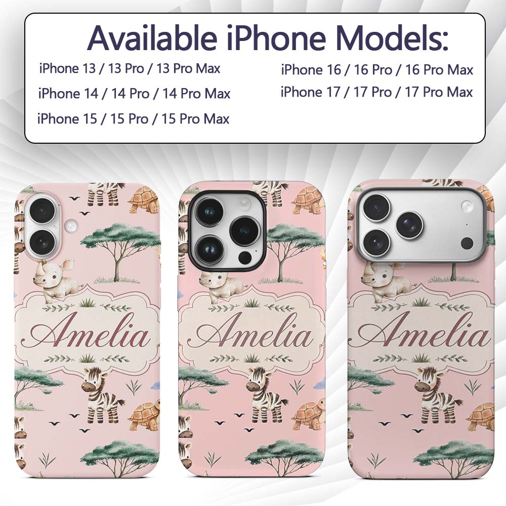 Cute Safari Animals Zebra Rhino Turtle Soft Pink Custom Name Protective Phone Case Mobile Cover Durable Everyday Smartphone Shock Resistant