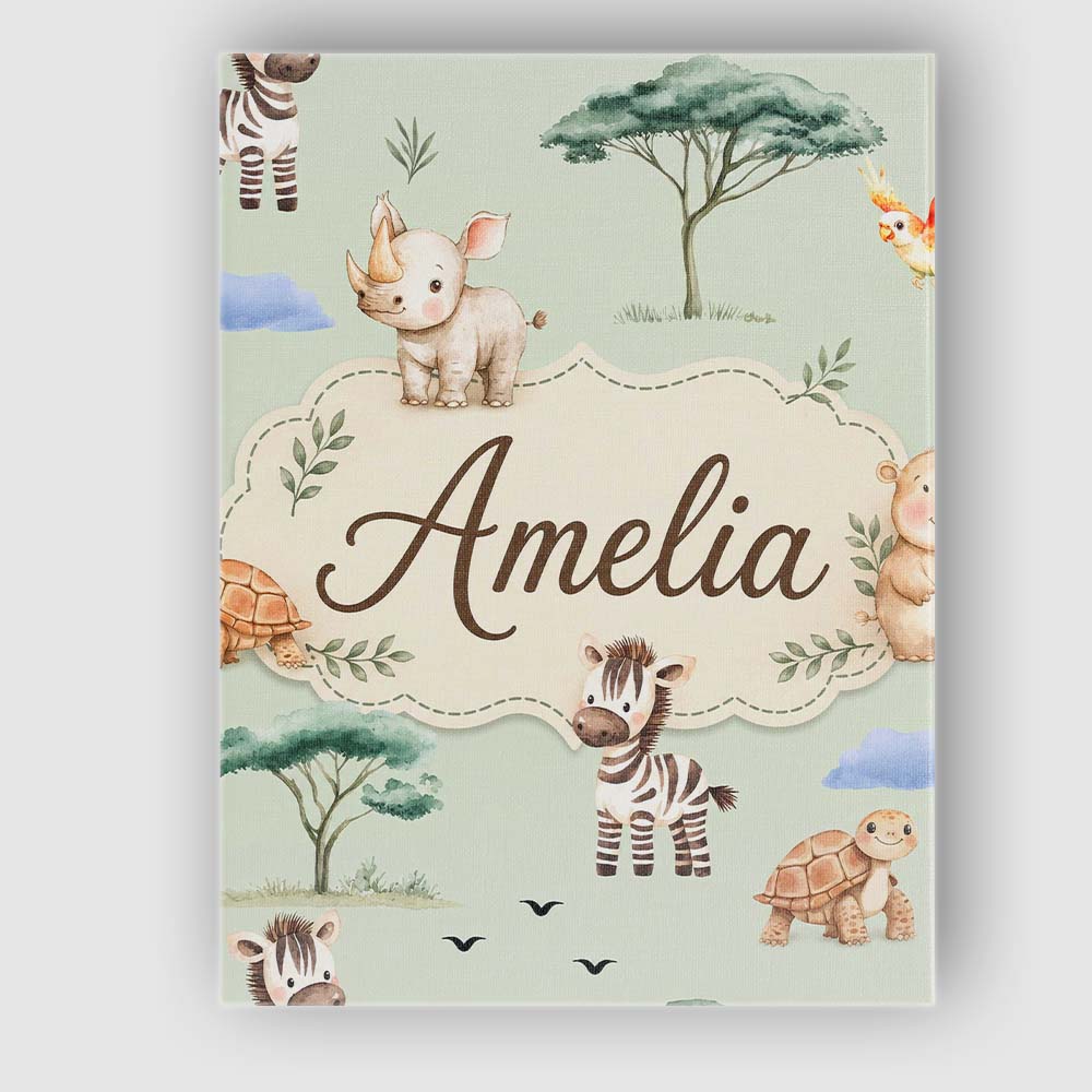 Personalised Name Cute Safari Animals Zebra Custom  Bespoke Interior Contemporary Canvas Wall Art Print Decor Picture Ready to Hang