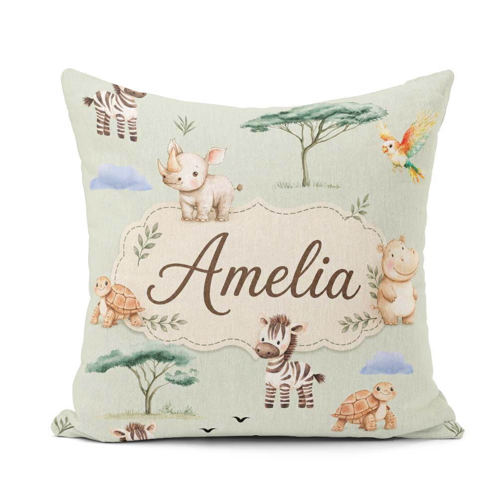 Custom Name Safari Animals Zebra Rhino Turtle Sage Green Pattern Square Filled Cushion Throw Pillow Sofa Bed Home Decor Zip Washable UK Made