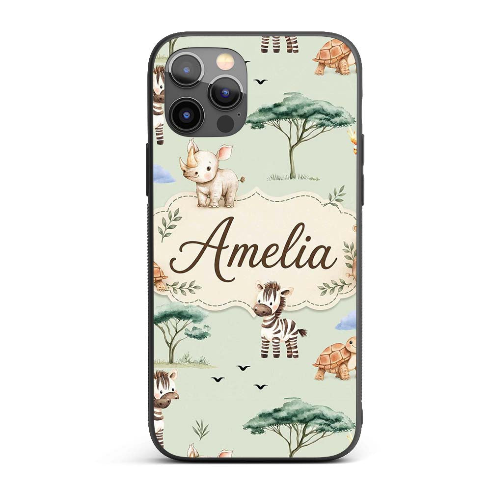 Cute Safari Animals Zebra Rhino Turtle Sage Green Custom Name Protective Phone Case Mobile Cover Durable Everyday Smartphone Shock Resistant
