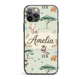 Cute Safari Animals Zebra Rhino Turtle Sage Green Custom Name Protective Phone Case Mobile Cover Durable Everyday Smartphone Shock Resistant