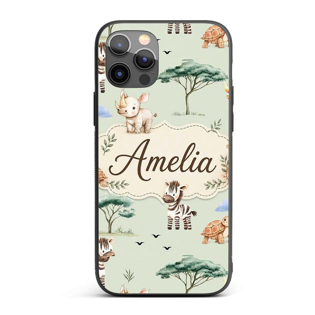 Cute Safari Animals Zebra Rhino Turtle Sage Green Custom Name Protective Phone Case Mobile Cover Durable Everyday Smartphone Shock Resistant