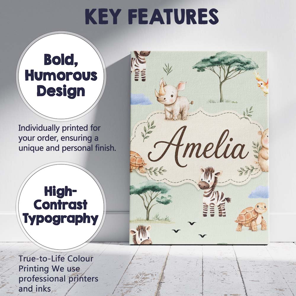Personalised Name Cute Safari Animals Zebra Custom  Bespoke Interior Contemporary Canvas Wall Art Print Decor Picture Ready to Hang