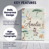 Personalised Name Cute Safari Animals Zebra Custom  Bespoke Interior Contemporary Canvas Wall Art Print Decor Picture Ready to Hang