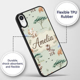 Cute Safari Animals Zebra Rhino Turtle Sage Green Custom Name Protective Phone Case Mobile Cover Durable Everyday Smartphone Shock Resistant