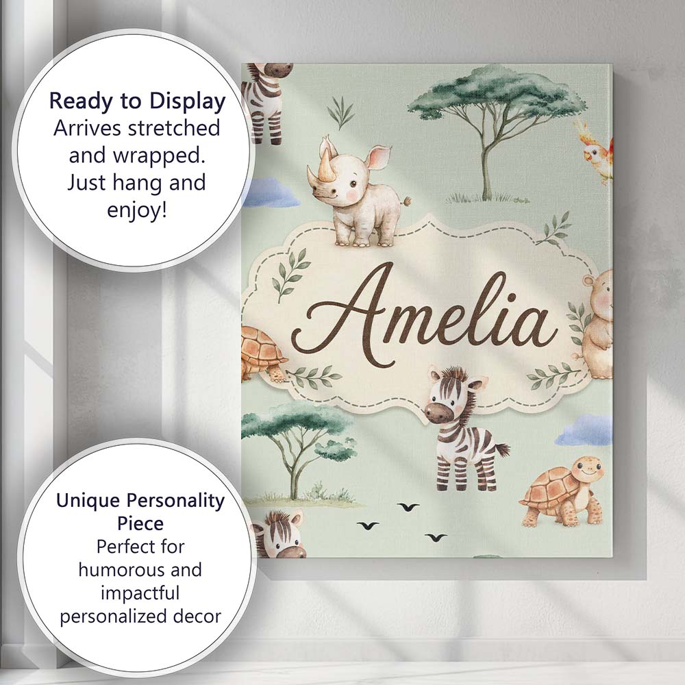 Personalised Name Cute Safari Animals Zebra Custom  Bespoke Interior Contemporary Canvas Wall Art Print Decor Picture Ready to Hang
