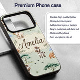 Cute Safari Animals Zebra Rhino Turtle Sage Green Custom Name Protective Phone Case Mobile Cover Durable Everyday Smartphone Shock Resistant