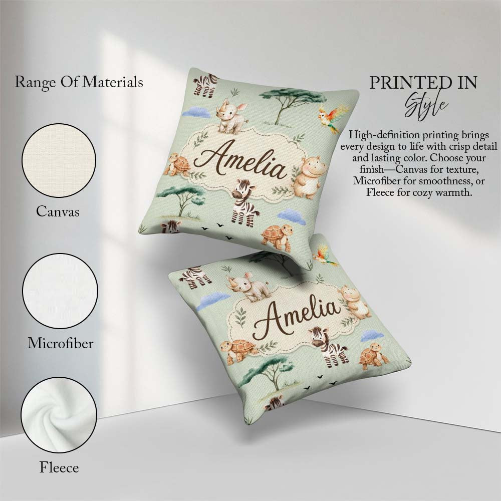 Custom Name Safari Animals Zebra Rhino Turtle Sage Green Pattern Square Filled Cushion Throw Pillow Sofa Bed Home Decor Zip Washable UK Made
