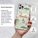 Cute Safari Animals Zebra Rhino Turtle Sage Green Custom Name Protective Phone Case Mobile Cover Durable Everyday Smartphone Shock Resistant
