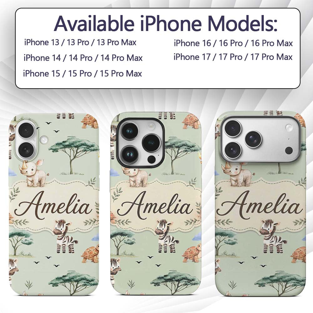 Cute Safari Animals Zebra Rhino Turtle Sage Green Custom Name Protective Phone Case Mobile Cover Durable Everyday Smartphone Shock Resistant