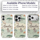 Cute Safari Animals Zebra Rhino Turtle Sage Green Custom Name Protective Phone Case Mobile Cover Durable Everyday Smartphone Shock Resistant