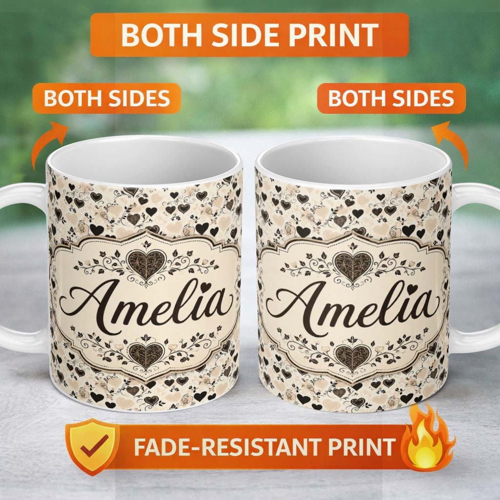 Personalized Custom Name Vintage Beige and Brown Floral Heart Swirl Seamless Pattern Lovely 11oz Ceramic Coffee Tea Mug White Large Handle