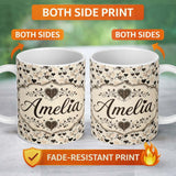 Personalized Custom Name Vintage Beige and Brown Floral Heart Swirl Seamless Pattern Lovely 11oz Ceramic Coffee Tea Mug White Large Handle