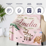Cute Safari Animals Zebra Rhino Turtle Pink Seamless Pattern Lovely  Personalised Custom Name Super Soft Fleece Blanket Bed Sofa Throw