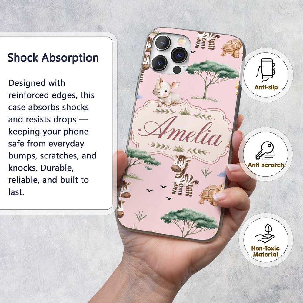 Cute Safari Animals Zebra Rhino Printed Design Custom Name Protective Phone Case Mobile Cover Durable Everyday Smartphone Shock Resistant