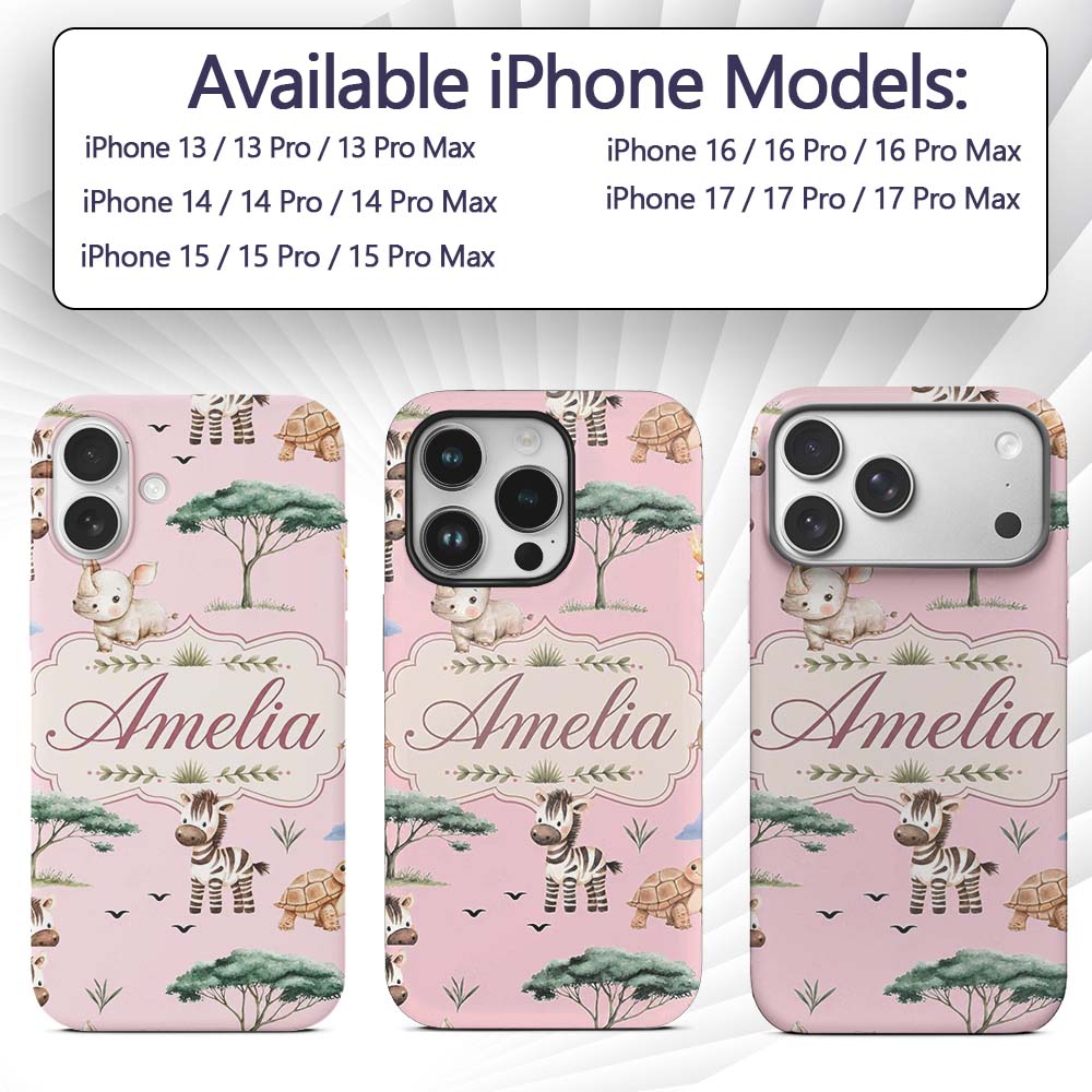 Cute Safari Animals Zebra Rhino Printed Design Custom Name Protective Phone Case Mobile Cover Durable Everyday Smartphone Shock Resistant