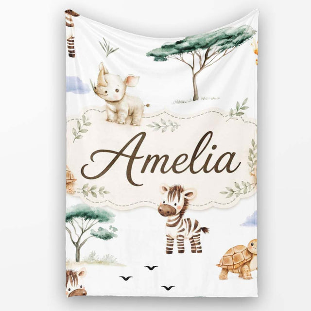 Cute Safari Animals Zebra Rhino Turtle with Trees Neutral Background  Personalised Custom Name Super Soft Fleece Blanket Bed Sofa Throw