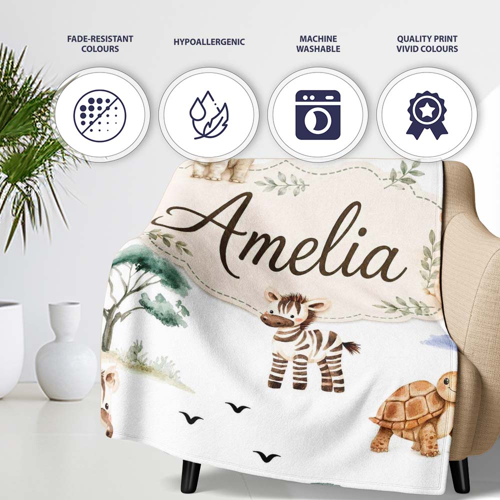 Cute Safari Animals Zebra Rhino Turtle with Trees Neutral Background  Personalised Custom Name Super Soft Fleece Blanket Bed Sofa Throw