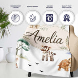 Cute Safari Animals Zebra Rhino Turtle with Trees Neutral Background  Personalised Custom Name Super Soft Fleece Blanket Bed Sofa Throw
