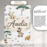 Cute Safari Animals Zebra Rhino Turtle with Trees Neutral Background  Personalised Custom Name Super Soft Fleece Blanket Bed Sofa Throw