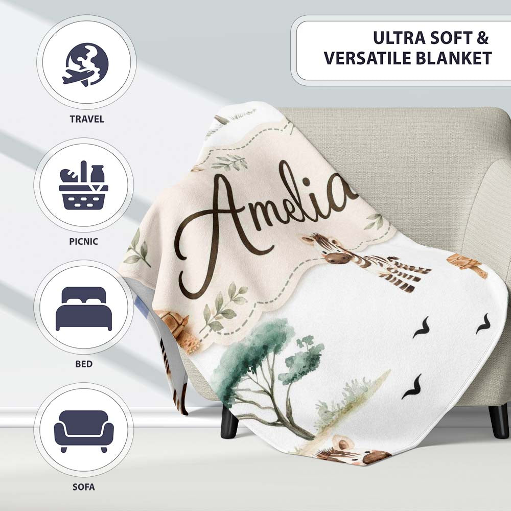 Cute Safari Animals Zebra Rhino Turtle with Trees Neutral Background  Personalised Custom Name Super Soft Fleece Blanket Bed Sofa Throw