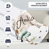 Cute Safari Animals Zebra Rhino Turtle with Trees Neutral Background  Personalised Custom Name Super Soft Fleece Blanket Bed Sofa Throw