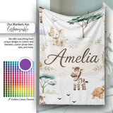 Cute Safari Animals Zebra Rhino Turtle with Trees Neutral Background  Personalised Custom Name Super Soft Fleece Blanket Bed Sofa Throw