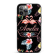 Elegant Pink Flamingos Tropical Flowers on Black Custom Name Protective Phone Case Mobile Cover Durable Everyday Smartphone Shock Resistant
