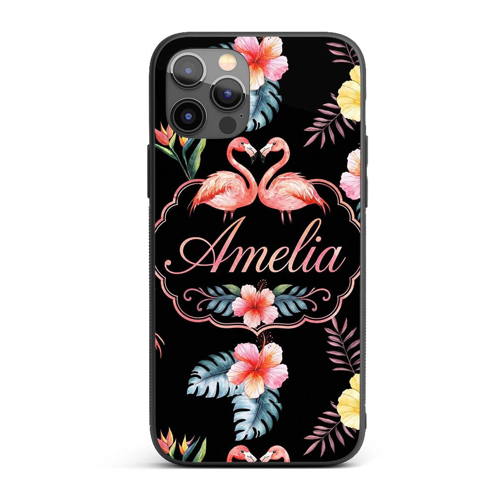 Elegant Pink Flamingos Tropical Flowers on Black Custom Name Protective Phone Case Mobile Cover Durable Everyday Smartphone Shock Resistant