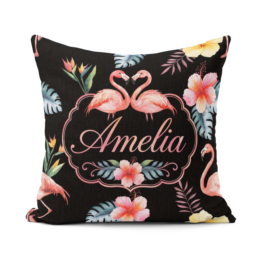 Custom Name Elegant Flamingos Tropical Flowers on Black Seamless Square Filled Cushion Throw Pillow Sofa Bed Home Decor Zip Washable UK Made