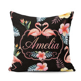 Custom Name Elegant Flamingos Tropical Flowers on Black Seamless Square Filled Cushion Throw Pillow Sofa Bed Home Decor Zip Washable UK Made