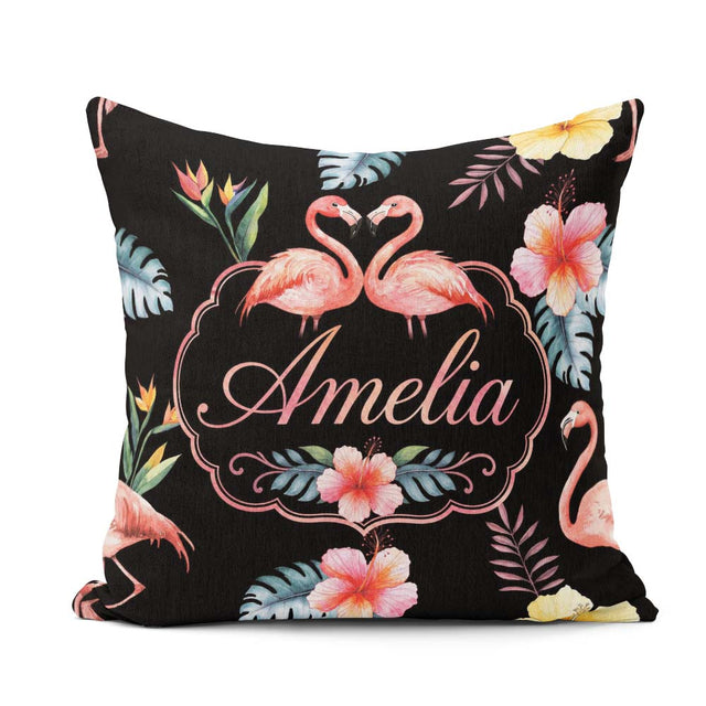 Custom Name Elegant Flamingos Tropical Flowers on Black Seamless Square Filled Cushion Throw Pillow Sofa Bed Home Decor Zip Washable UK Made