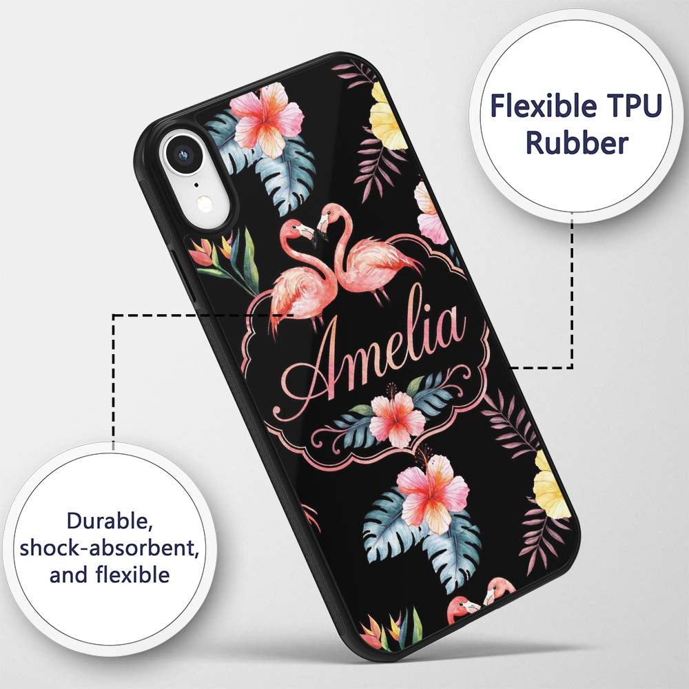 Elegant Pink Flamingos Tropical Flowers on Black Custom Name Protective Phone Case Mobile Cover Durable Everyday Smartphone Shock Resistant