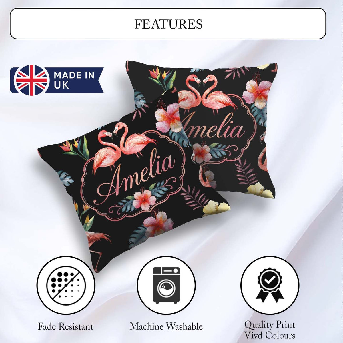 Custom Name Elegant Flamingos Tropical Flowers on Black Seamless Square Filled Cushion Throw Pillow Sofa Bed Home Decor Zip Washable UK Made