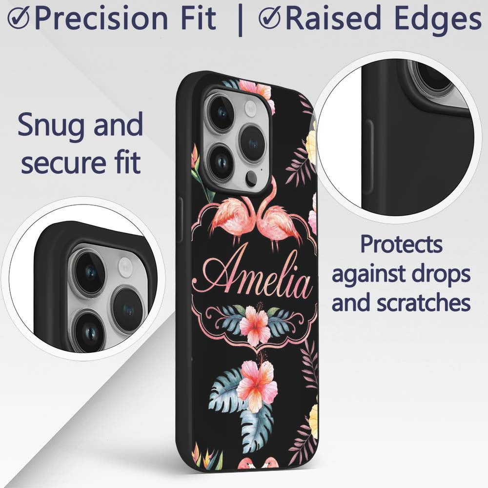 Elegant Pink Flamingos Tropical Flowers on Black Custom Name Protective Phone Case Mobile Cover Durable Everyday Smartphone Shock Resistant