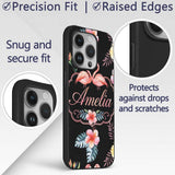 Elegant Pink Flamingos Tropical Flowers on Black Custom Name Protective Phone Case Mobile Cover Durable Everyday Smartphone Shock Resistant