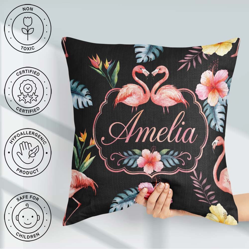Custom Name Elegant Flamingos Tropical Flowers on Black Seamless Square Filled Cushion Throw Pillow Sofa Bed Home Decor Zip Washable UK Made