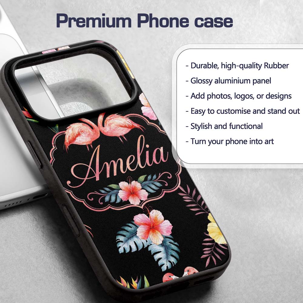 Elegant Pink Flamingos Tropical Flowers on Black Custom Name Protective Phone Case Mobile Cover Durable Everyday Smartphone Shock Resistant