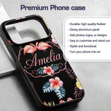 Elegant Pink Flamingos Tropical Flowers on Black Custom Name Protective Phone Case Mobile Cover Durable Everyday Smartphone Shock Resistant