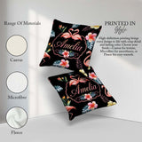 Custom Name Elegant Flamingos Tropical Flowers on Black Seamless Square Filled Cushion Throw Pillow Sofa Bed Home Decor Zip Washable UK Made
