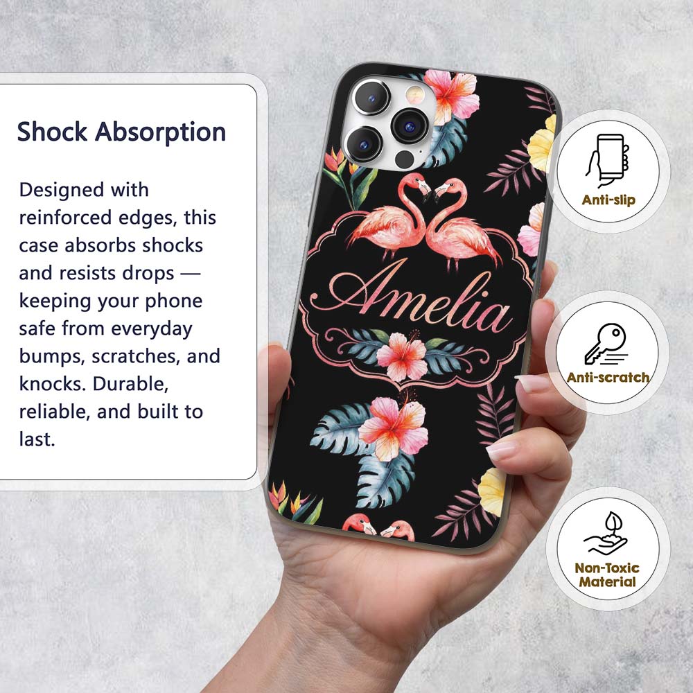 Elegant Pink Flamingos Tropical Flowers on Black Custom Name Protective Phone Case Mobile Cover Durable Everyday Smartphone Shock Resistant