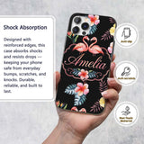 Elegant Pink Flamingos Tropical Flowers on Black Custom Name Protective Phone Case Mobile Cover Durable Everyday Smartphone Shock Resistant