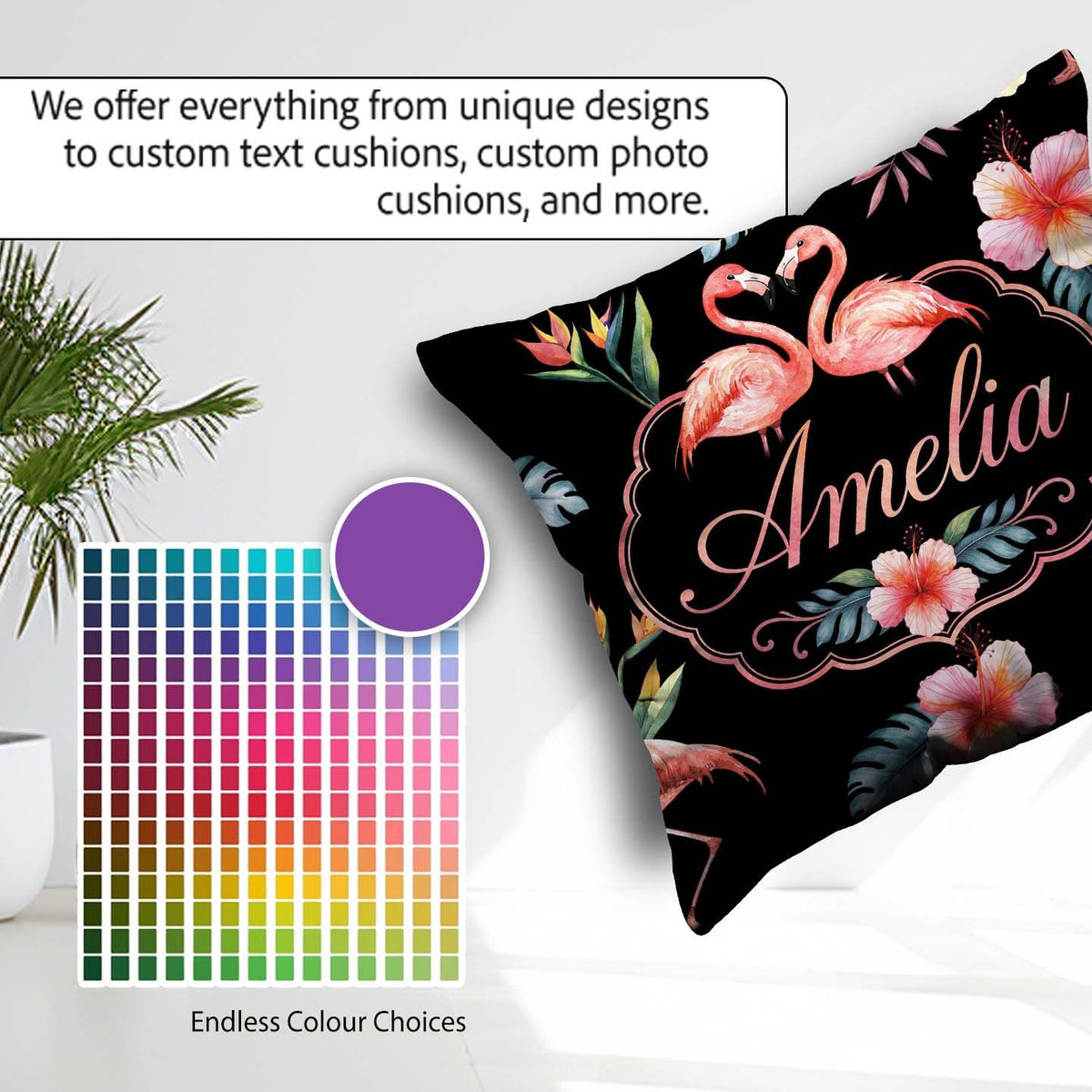Custom Name Elegant Flamingos Tropical Flowers on Black Seamless Square Filled Cushion Throw Pillow Sofa Bed Home Decor Zip Washable UK Made