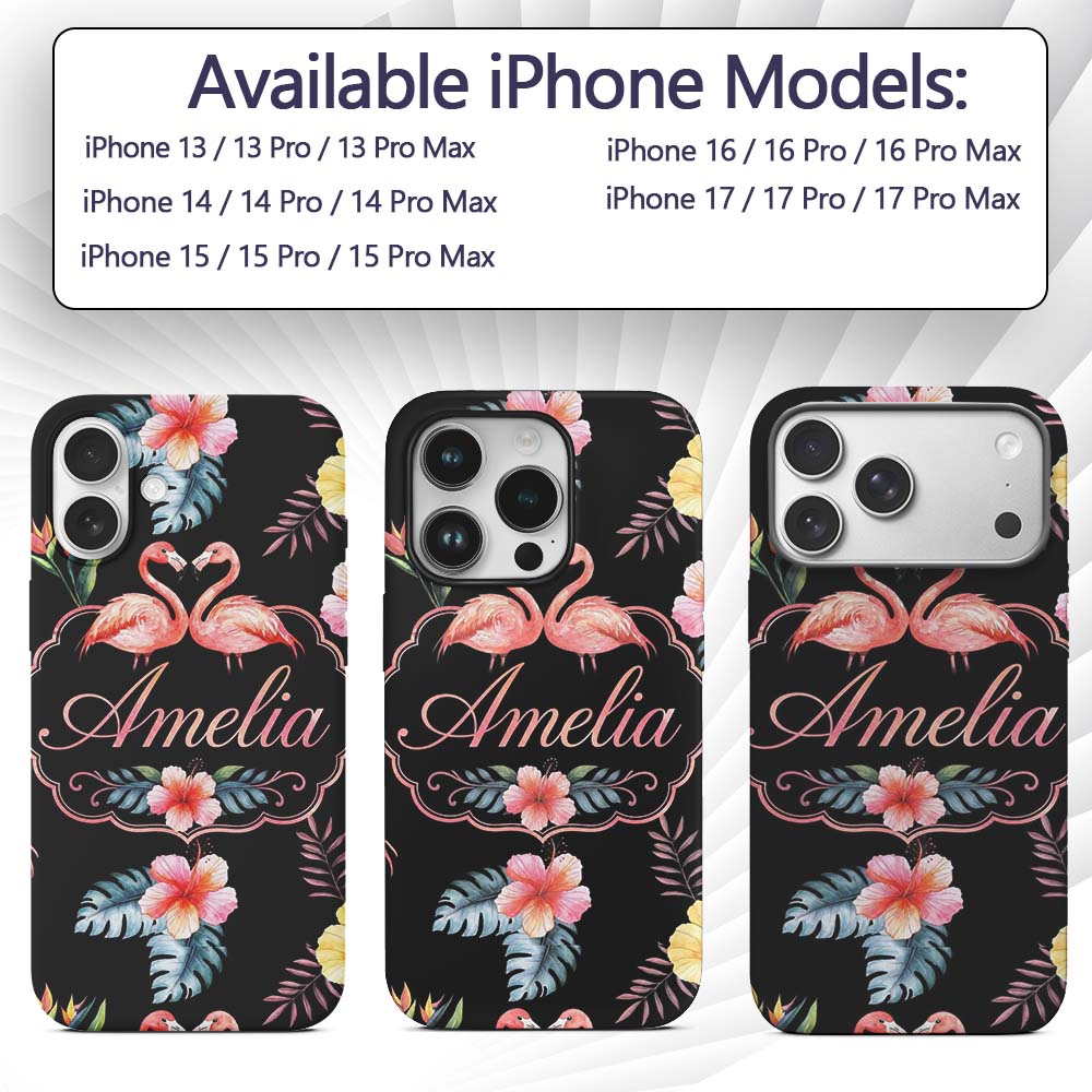 Elegant Pink Flamingos Tropical Flowers on Black Custom Name Protective Phone Case Mobile Cover Durable Everyday Smartphone Shock Resistant