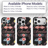 Elegant Pink Flamingos Tropical Flowers on Black Custom Name Protective Phone Case Mobile Cover Durable Everyday Smartphone Shock Resistant
